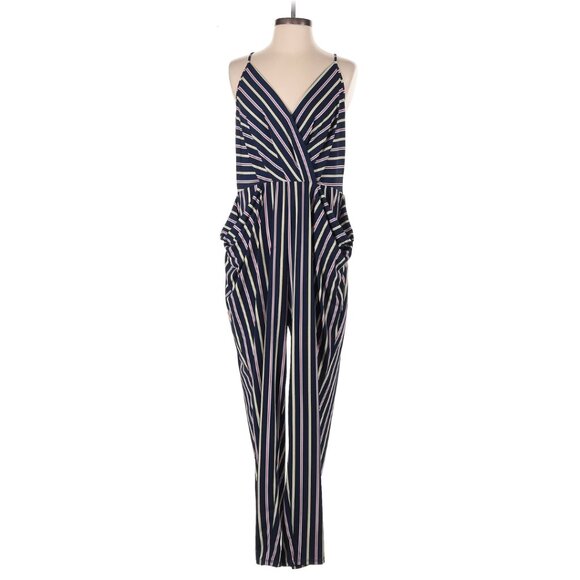 🌟 BCBGeneration Navy Striped Plunge Jumpsuit – Size L - Picture 2 of 4